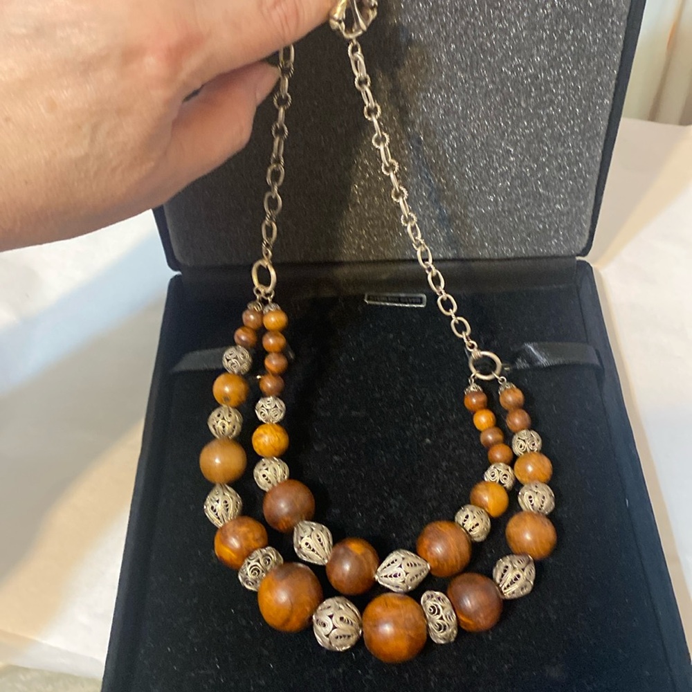 Double row wooden bead Sterling silver open bead toggle closure necklace